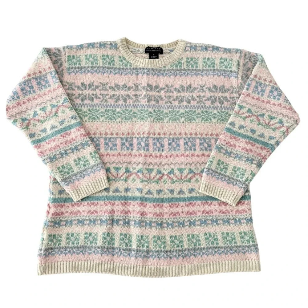 Vintage 1990’s Limited Pastel Patterned Crewneck Knit Sweater Size Small - Picture 1 of 4